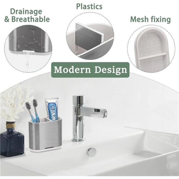 Toothbrush Holder Toothpaste Organizer Bathroom Countertop Electric Storage Silv - Picture 4 of 7